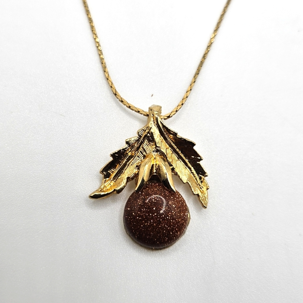 Gold Filled LEAF Pendant Necklace with Brown Druzy Accent